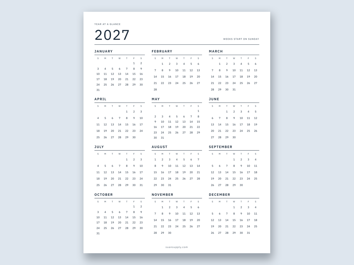 The 2027 printable calendar with all 12 months on one page