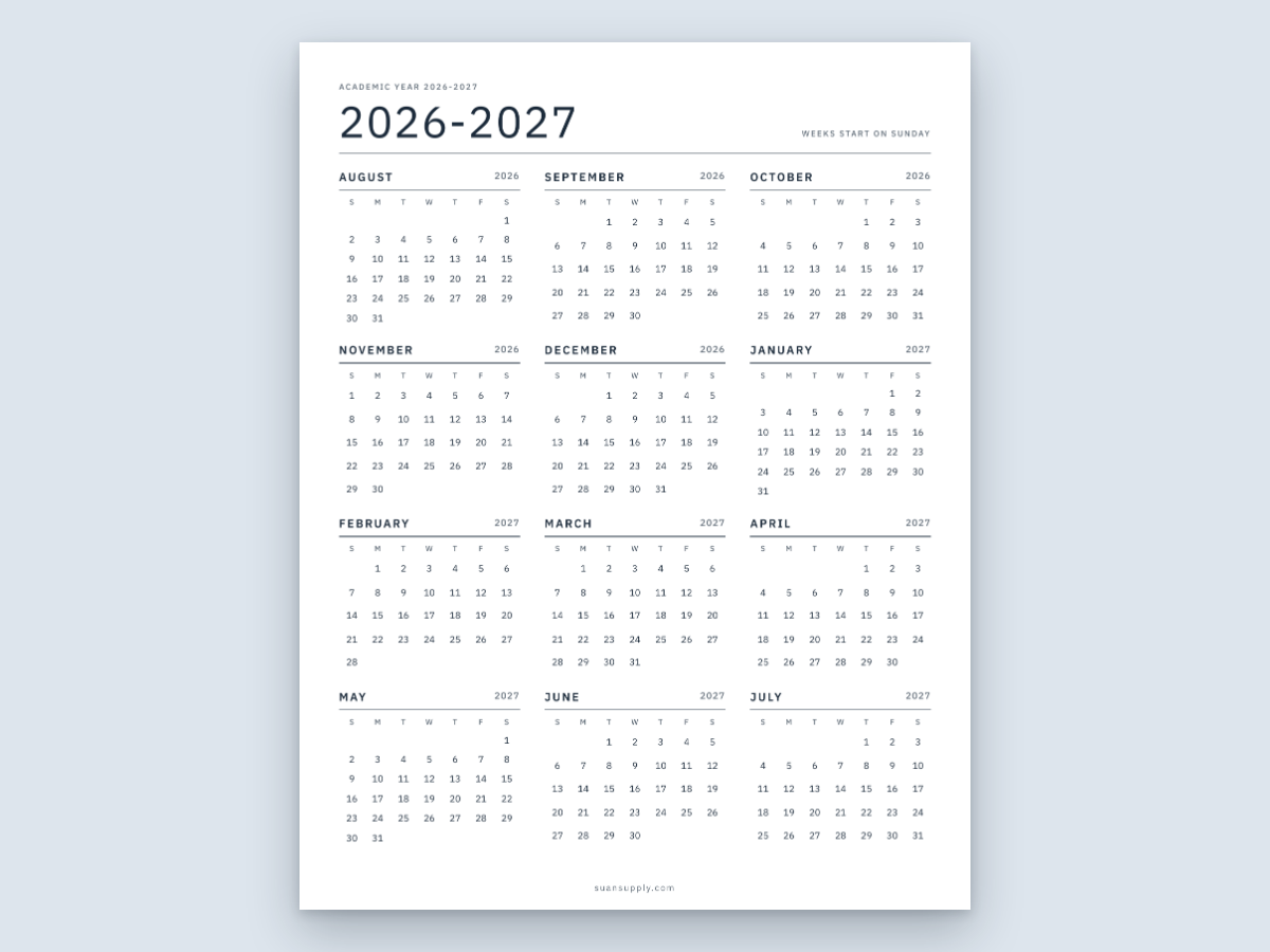 The free 2026-2027 academic calendar with August 2026 to July 2027 on one page