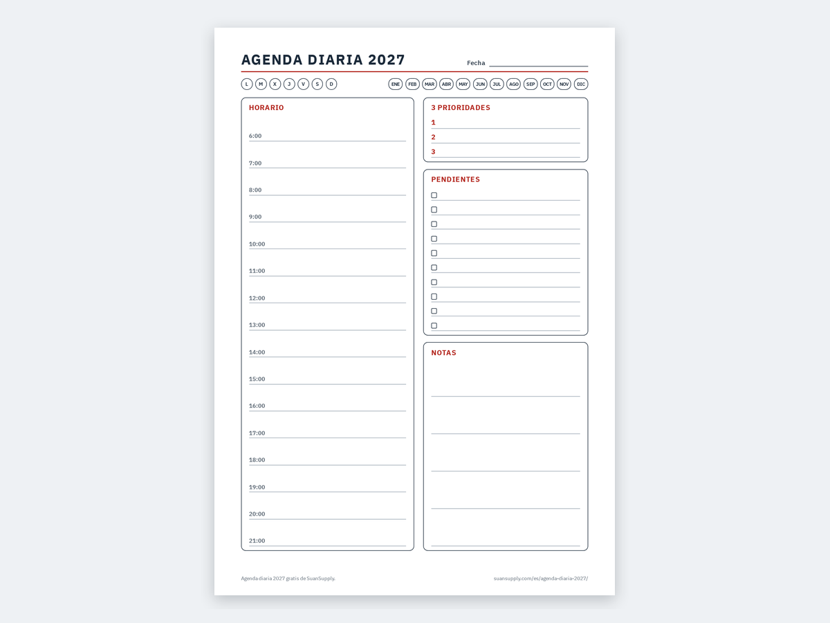La agenda diaria 2027 gratis con horario por horas, 3 prioridades, lista de pendientes y notas
