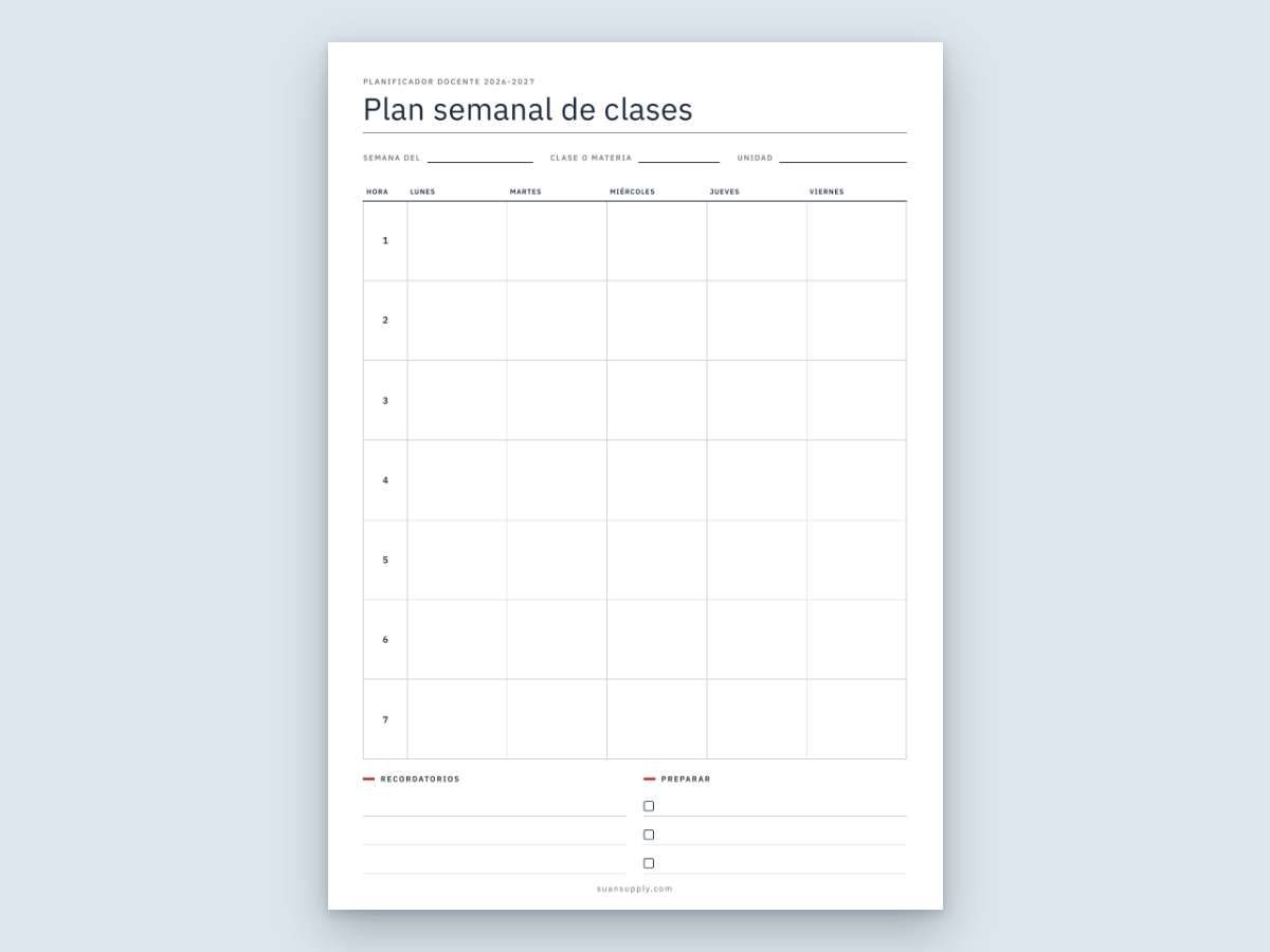 La página gratis de plan semanal de clases con 5 días por 7 horas
