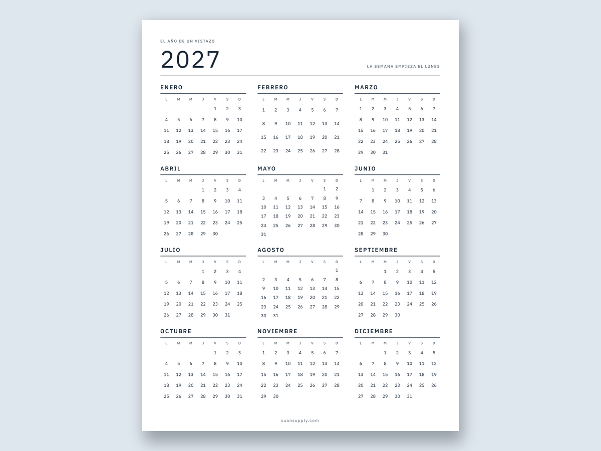 El calendario 2027 imprimible con los 12 meses en una página