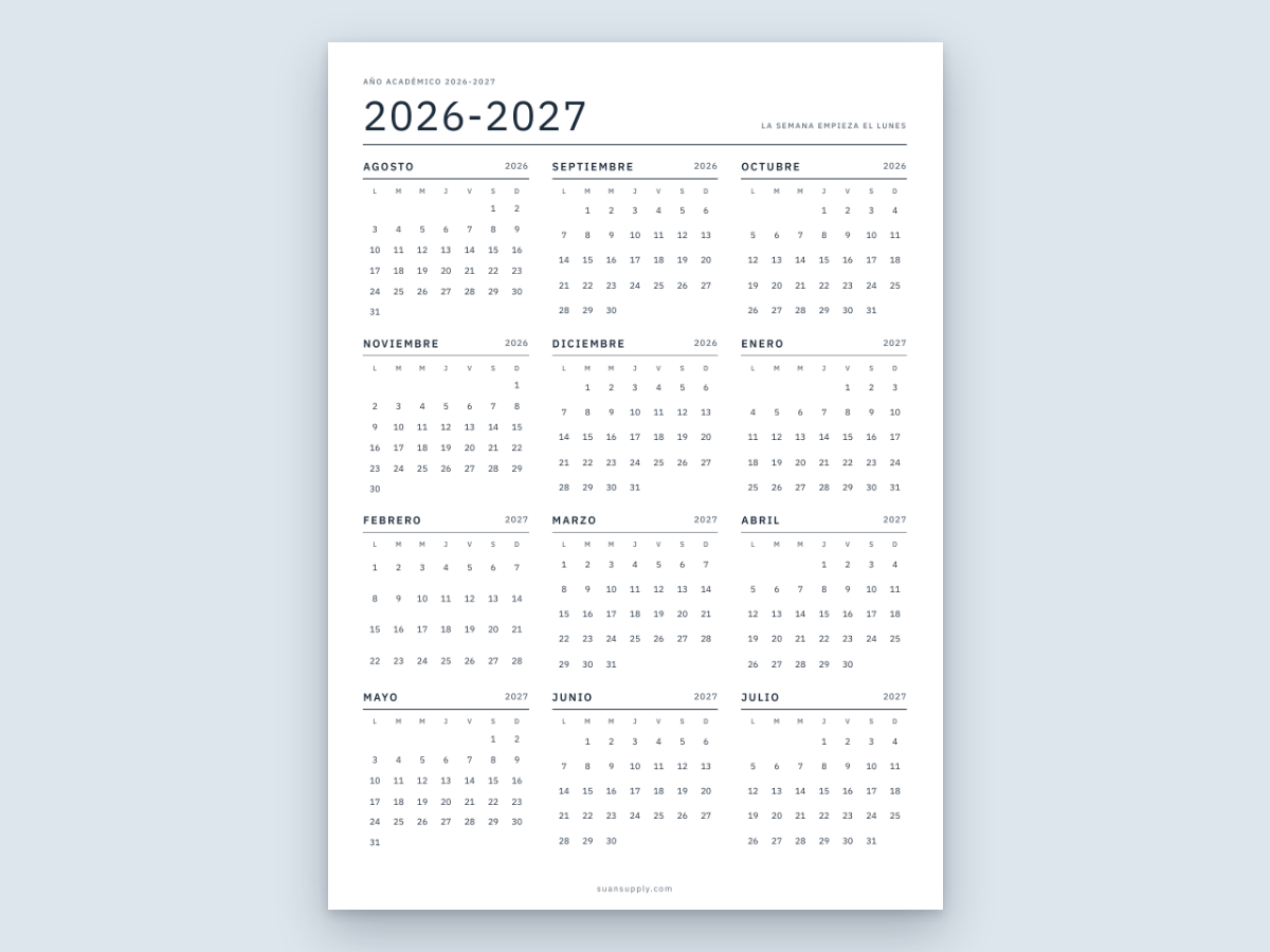 El calendario escolar 2026-2027 con agosto de 2026 a julio de 2027 en una página