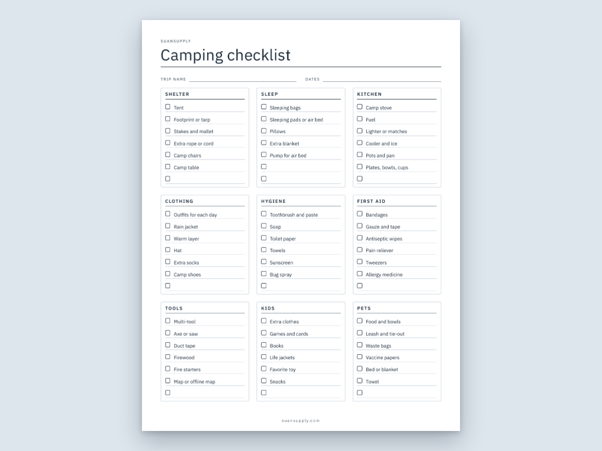 The free one-page camping checklist with 9 packing categories and checkboxes