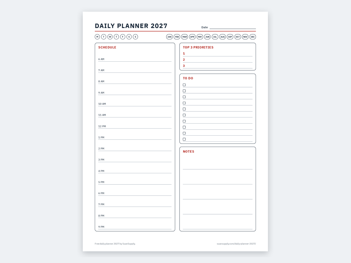 The free daily planner 2027 page with an hourly schedule, top 3 priorities, a to-do list and notes