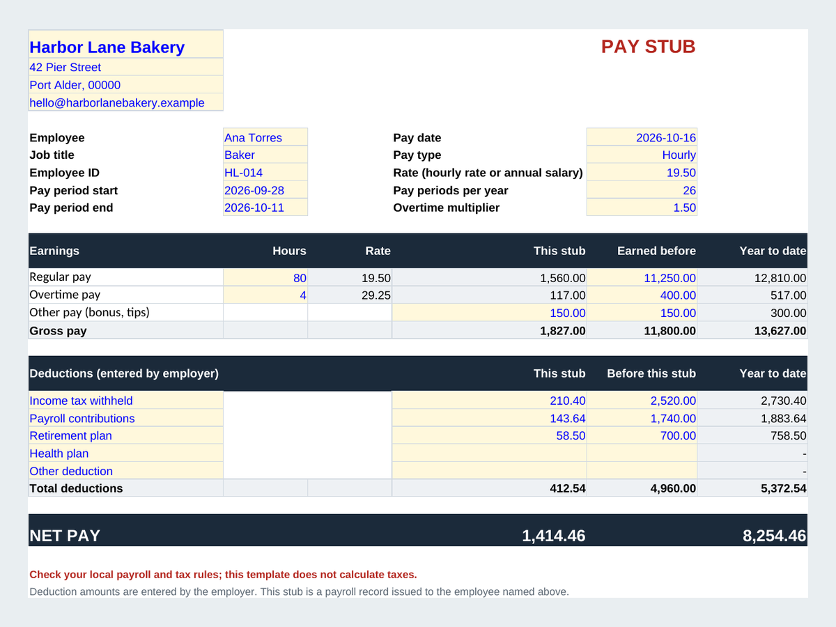 The free pay stub template with earnings, employer-entered deductions and net pay for an example employee
