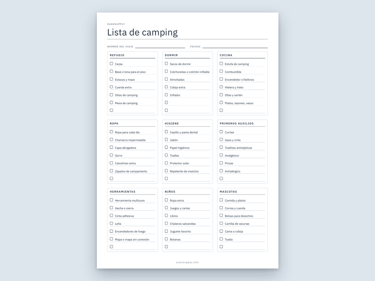 La lista de camping de una página con 9 categorías y casillas