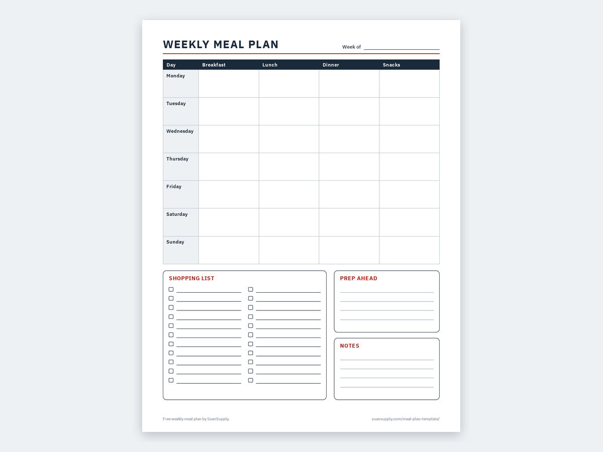 The free weekly meal plan template with 7 days of meals and a shopping list on one page