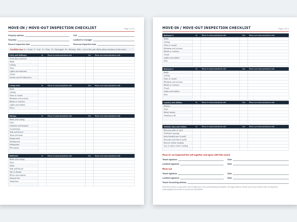 The 2 pages of the free move in move out inspection checklist, room by room