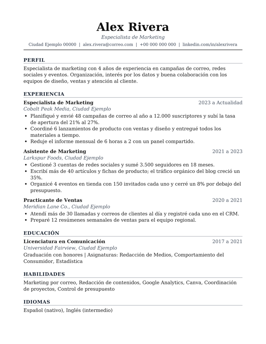 La plantilla de currículum a una columna con el nombre arriba y secciones de experiencia, educación y habilidades