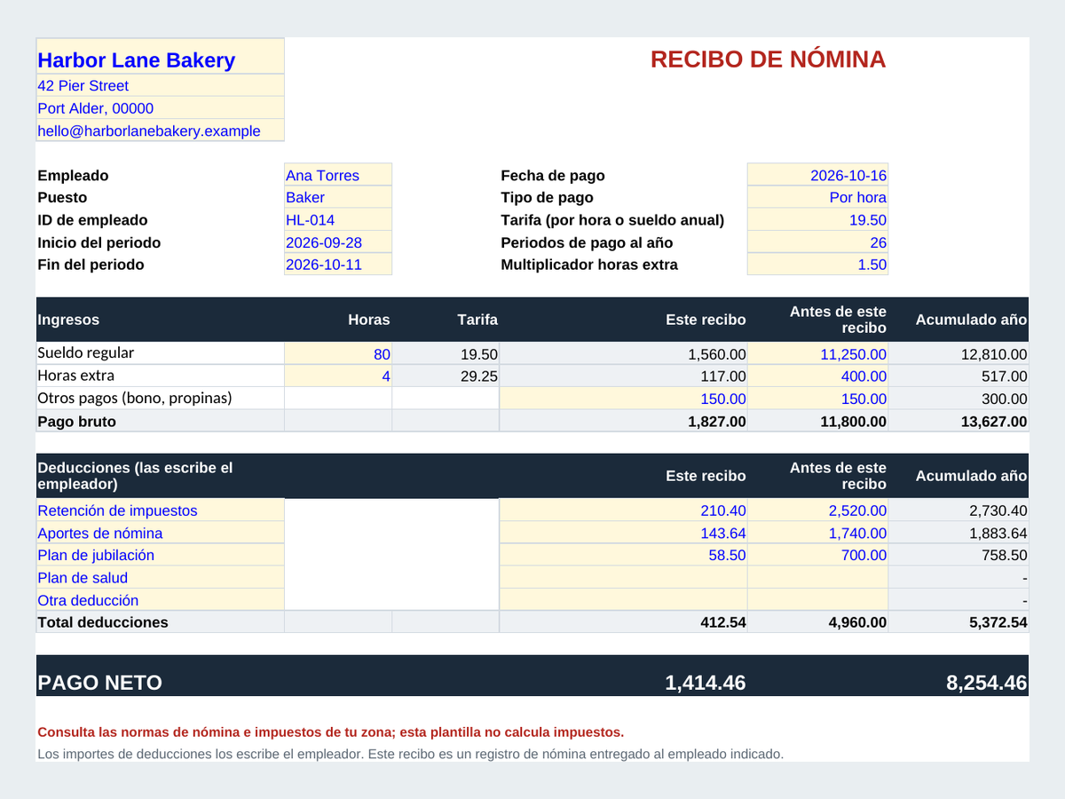 La plantilla de recibo de nómina con percepciones, deducciones capturadas por el empleador y pago neto de un empleado de ejemplo