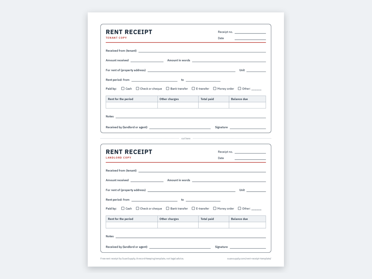 The free rent receipt template with a tenant copy and a landlord copy on one page