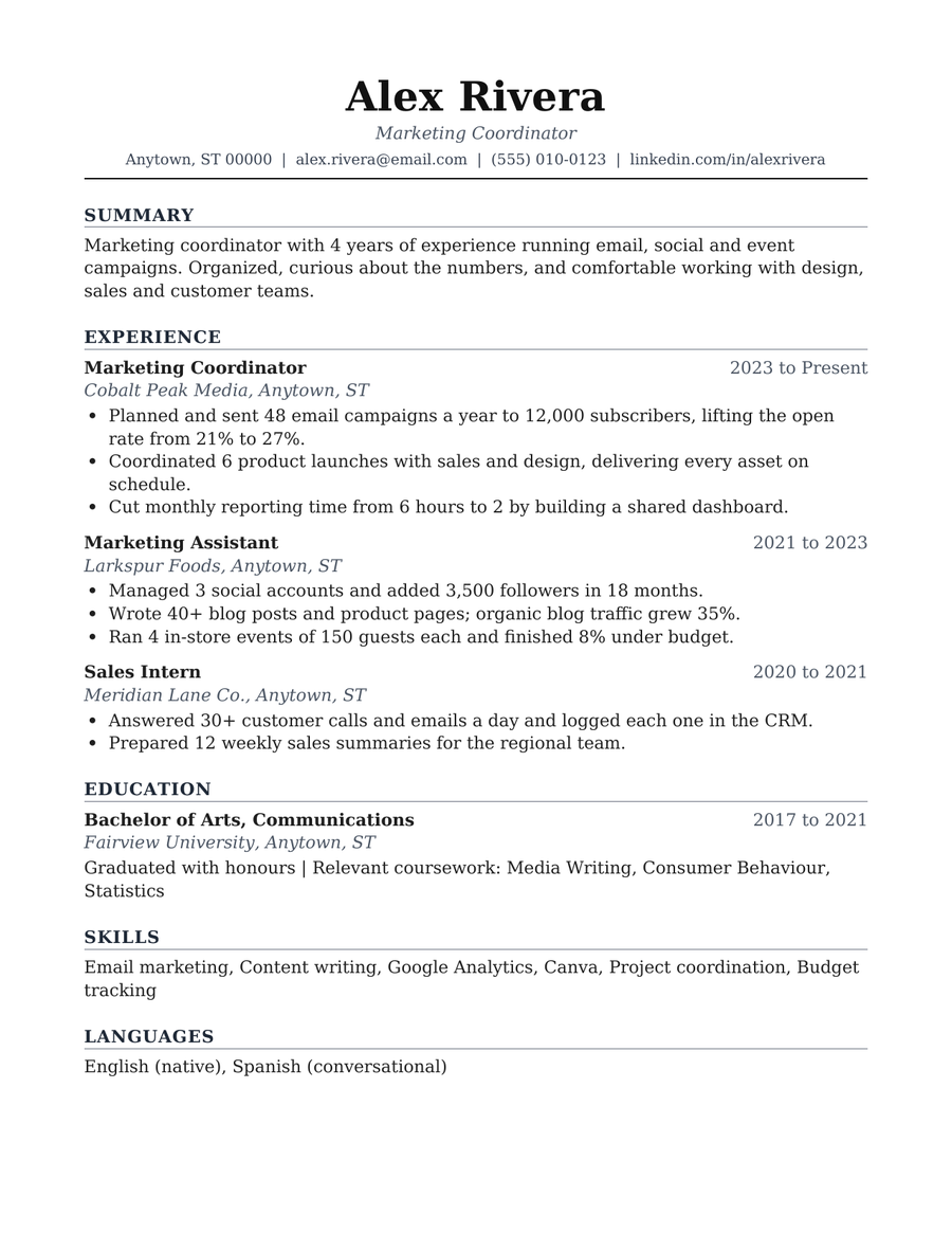 The one-column resume template with a name header and sections for experience, education and skills