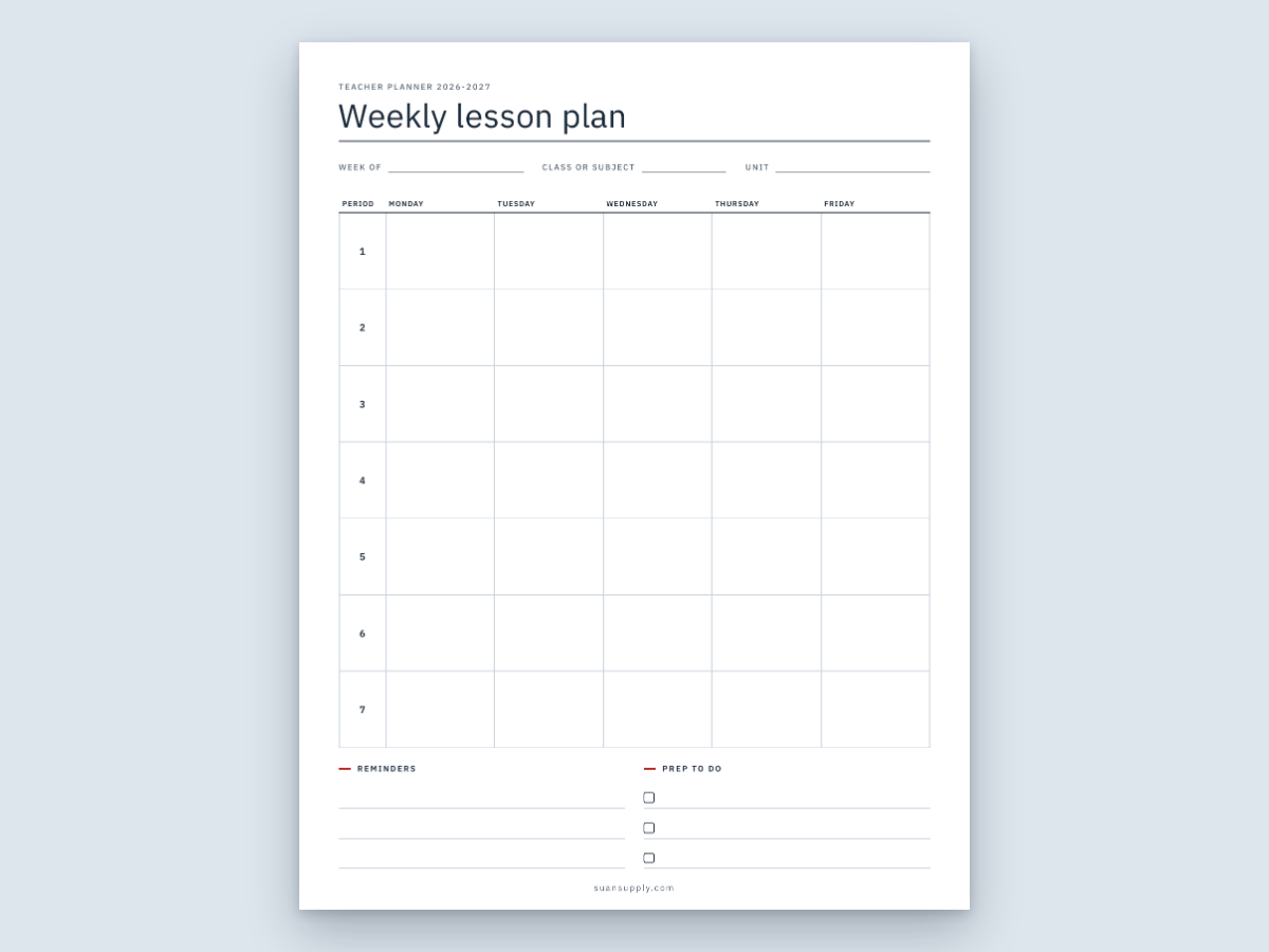 The free weekly lesson plan page with 5 days by 7 periods