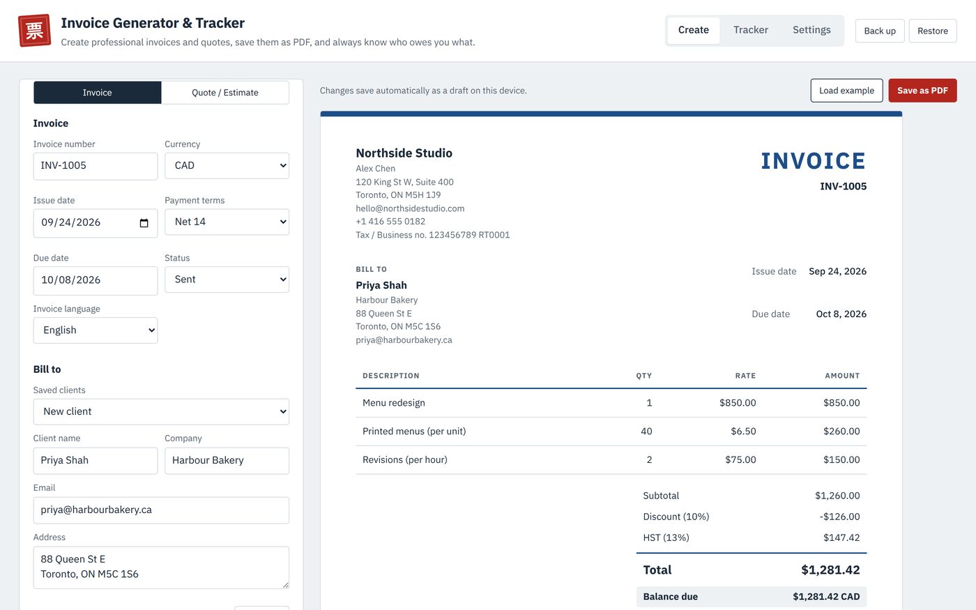 The invoice generator with an invoice form on the left and a live invoice preview on the right