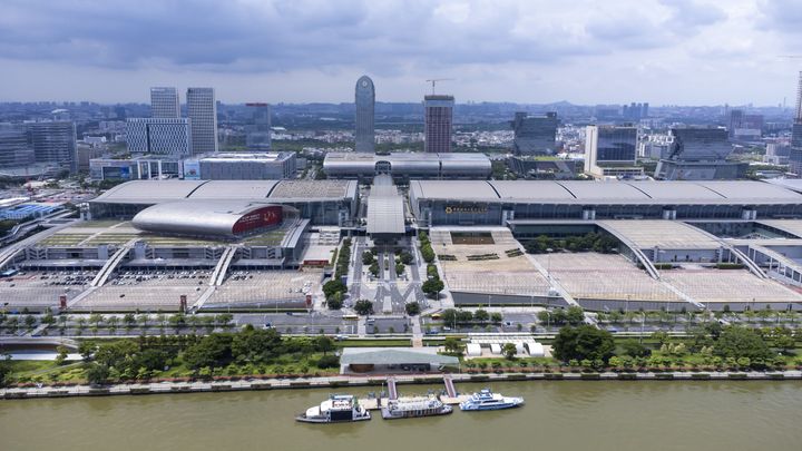 Aerial view of the Canton Fair Complex exhibition halls in Guangzhou beside the Pearl River