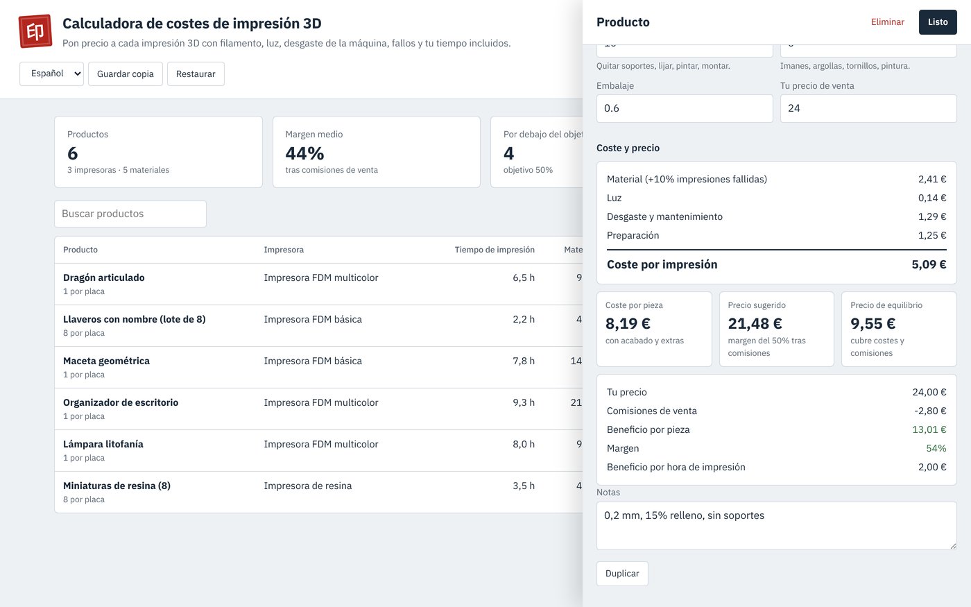 La calculadora de impresión 3D con la lista de productos y el desglose de coste y precio de un dragón articulado