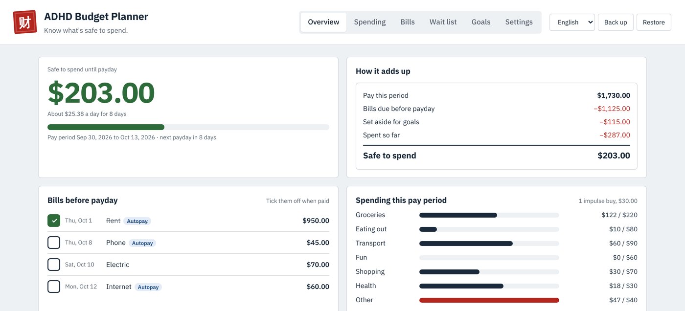 The ADHD Budget Planner overview with safe to spend until payday, how it adds up, bills before payday and category spending