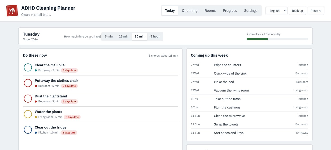 The ADHD Cleaning Planner Today view with chores to do now, days late, the week ahead and today's minutes