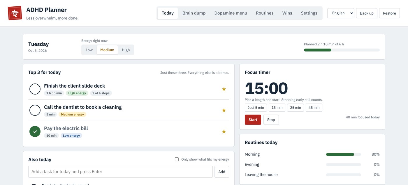 The ADHD Planner Today view with the Top 3 tasks, energy check-in, focus timer, routines and done list