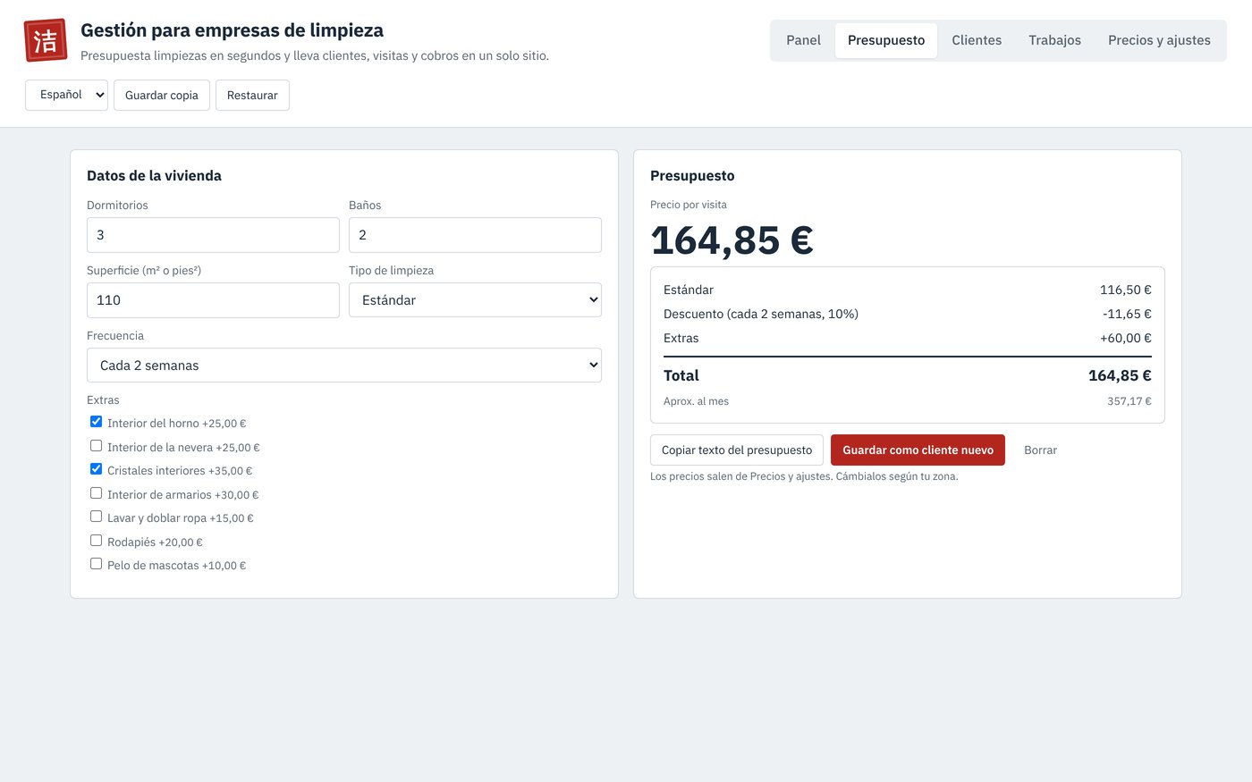 La calculadora de presupuestos de limpieza con los datos de la vivienda, los extras y el precio por visita
