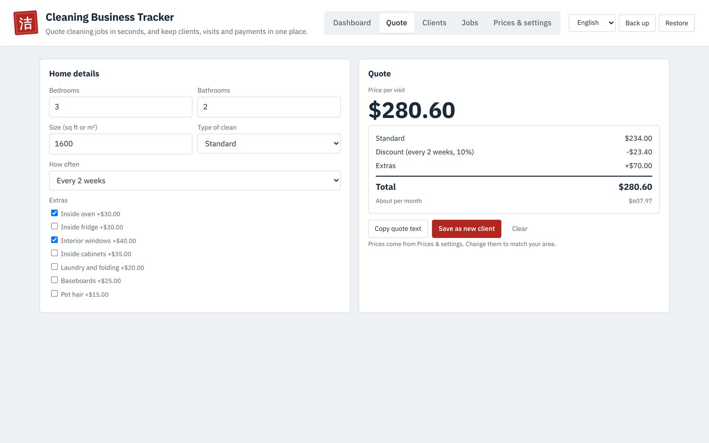 The Cleaning Business Tracker quote calculator showing home details, extras and the price per visit