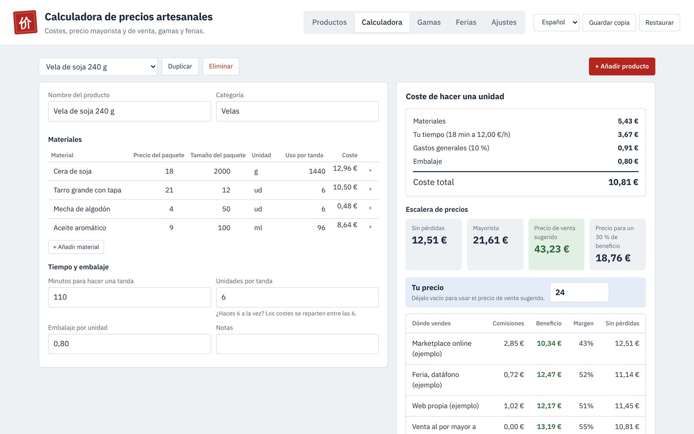 La Calculadora de precios artesanales con los materiales, el coste de hacer una vela, la escalera de precios y el beneficio en cada sitio donde vendes