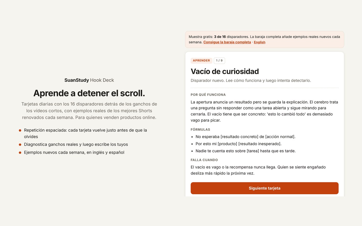 Hook Deck en el navegador: la página de inicio y una tarjeta Aprender del disparador vacío de curiosidad con sus fórmulas