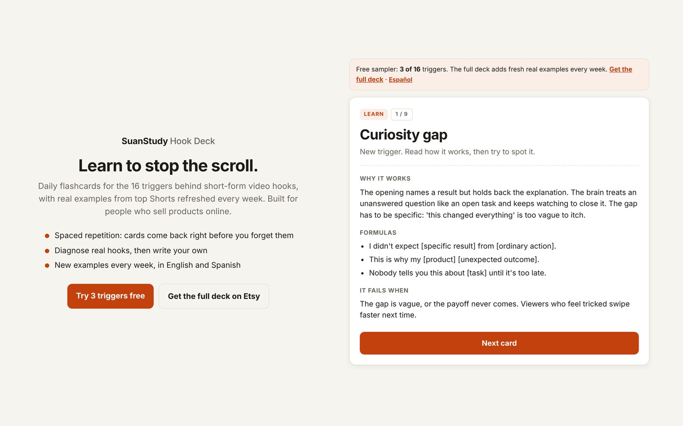 Hook Deck in the browser: the landing page and a Learn card for the curiosity gap trigger with its formulas