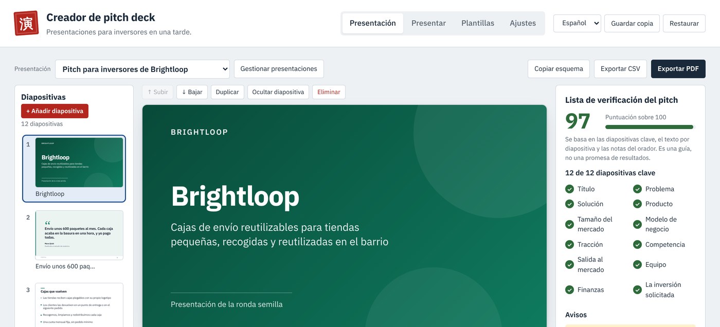 El editor del Creador de pitch deck con la lista de diapositivas, la vista previa de la portada y el checklist del pitch con su puntuación