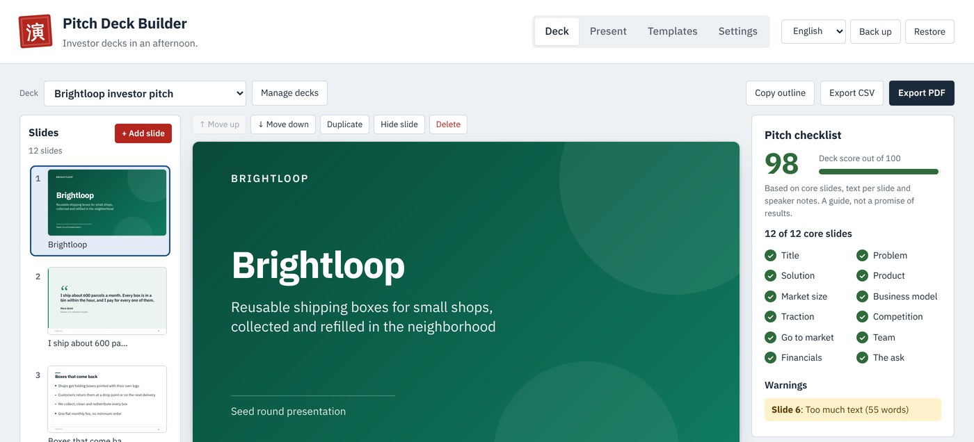 The Pitch Deck Builder editor with the slide list, a live title slide preview and the pitch checklist with a deck score