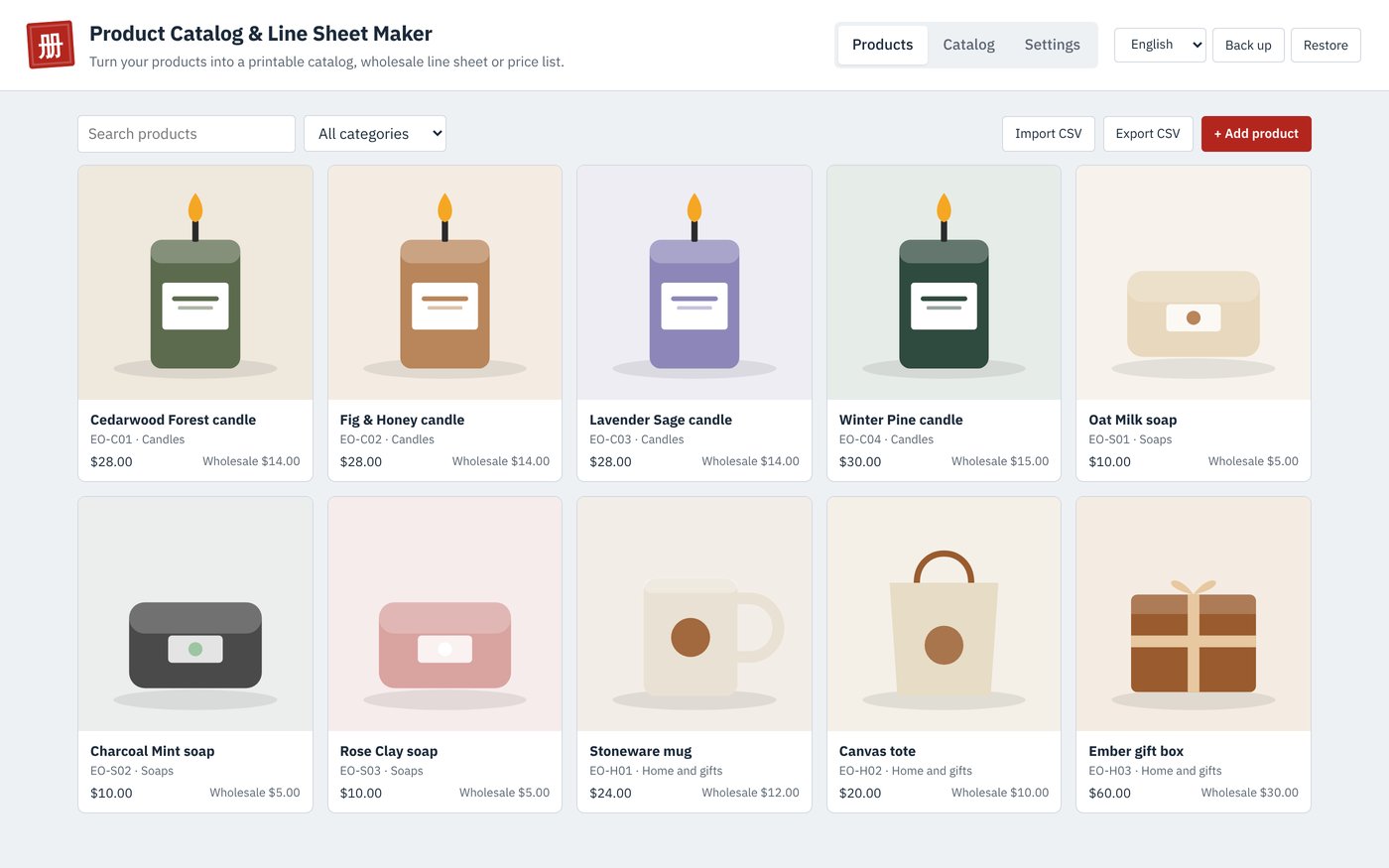 The Product Catalog Maker showing a grid of candle and soap products with retail and wholesale prices
