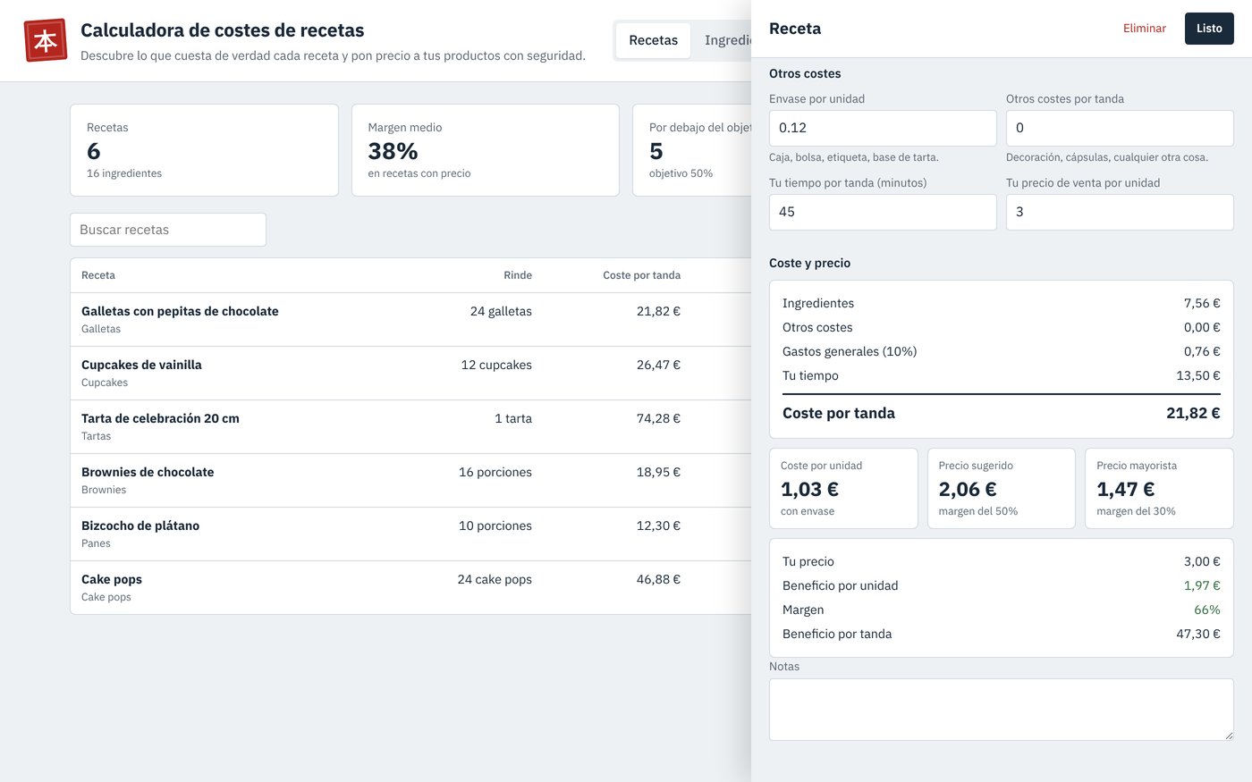 La calculadora de costes de recetas con la lista de recetas y el desglose de coste y precio de unas galletas con pepitas de chocolate