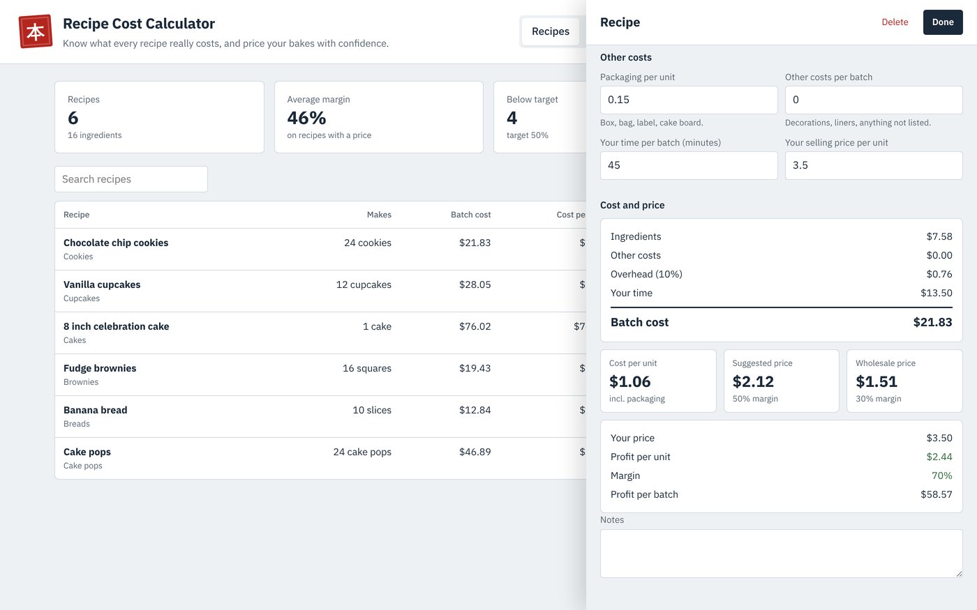 The Recipe Cost Calculator showing a recipe list and the cost and price breakdown for chocolate chip cookies