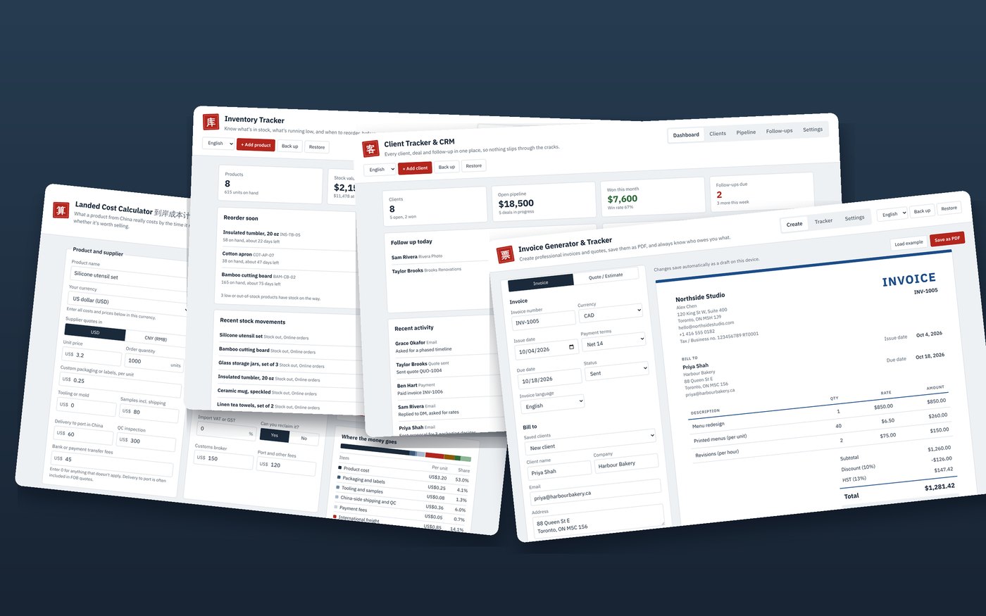 The Invoice Generator, Client Tracker and CRM, Inventory Tracker and Pricing Calculator side by side